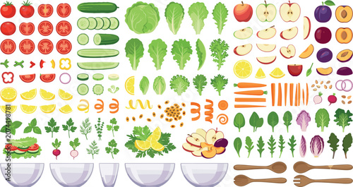 Canvastavla Fresh Salad Recipe Constructor Element Set with Sliced Fruits Vegetables Greens