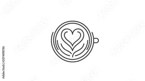 Minimalist line art illustration of a coffee cup with heart latte art.