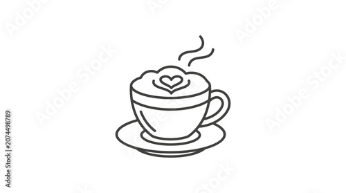 A simple line art illustration of a steaming cup of coffee with heart latte art.