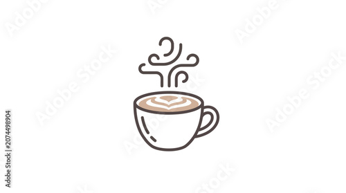 A simple line art illustration of a steaming cup of coffee with latte art.