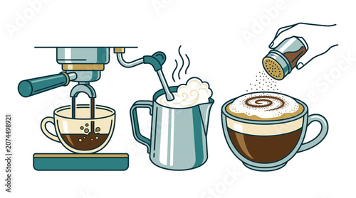 Illustration showing the step by step process of making a cappuccino coffee.