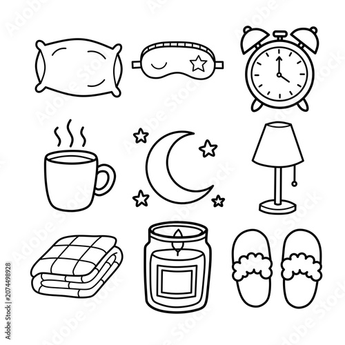 Bedtime and Sleep Essentials line art illustration bundle minimalist black outline doodle vector icons for bedroom and lifestyle