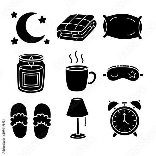 Bedtime and Sleep Essentials solid silhouette icons set minimalist black night and relaxation shapes for web and graphic design