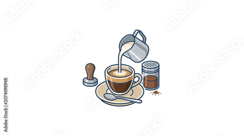 A detailed illustration of a barista pouring steamed milk into a fresh cup of espresso.