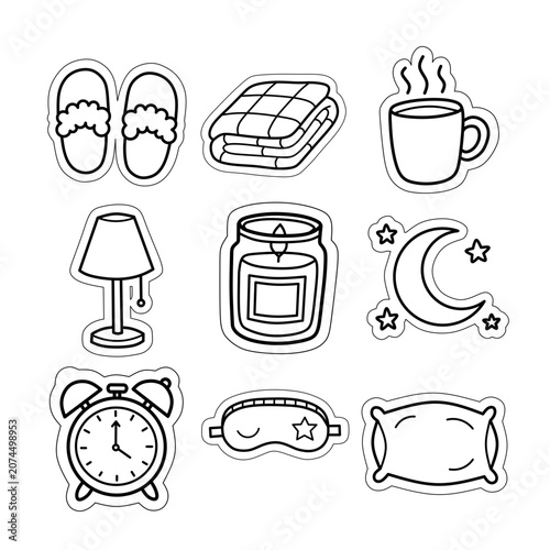 minimalist Bedtime and Sleep Essentials sticker sheet bundle with thick white border and bold outlines hand drawn vector illustration