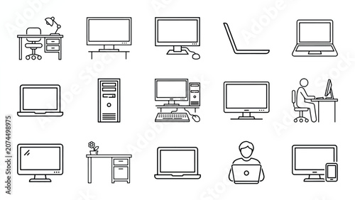 line drawing computer and office equipment icons set