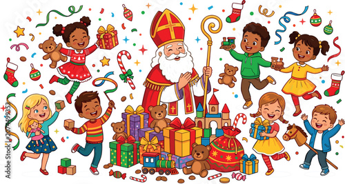 Foto Saint Nicholas Celebrating Christmas with Happy Diverse Children Opening Holiday