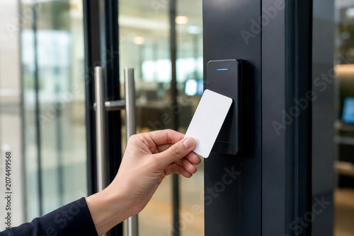 Foto Using blank key card on office access control reader at workplace entrance