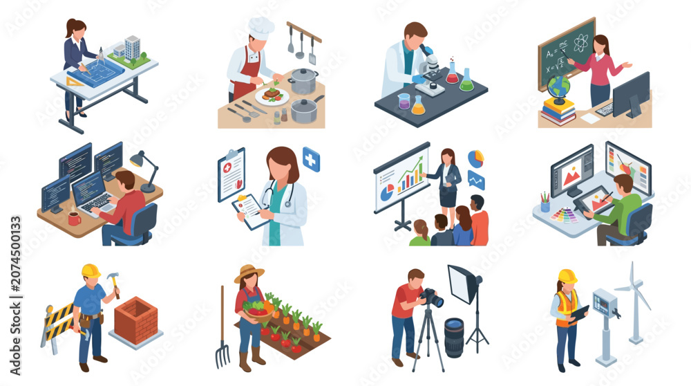 Fototapeta premium Clean Showing Diverse Career Fields with Professionals and Their Work Environments with high quality professional line art symbols for modern creative design and digital branding projects