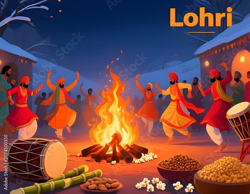 Lohri Festival Celebration with Bonfire, Traditional Dance and Punjabi Harvest Scene