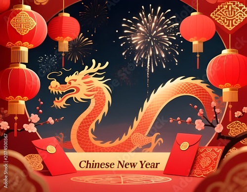 Chinese New Year Celebration with Red Lanterns, Dragon Motif and Fireworks Display