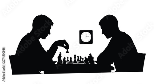Fotografie Chess players and board in black silhouette against a white background