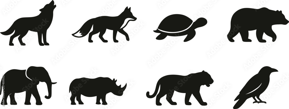 Obraz premium Black silhouettes of various wild animals