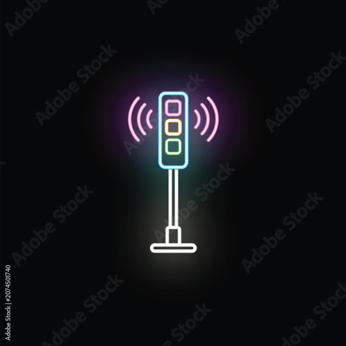 Canvas-taulu Neon glowing traffic light transmitting signal waves, illustrating smart city te