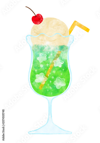 水彩風 ストロー付きクリームソーダ 星型氷入りレトロ喫茶 イラスト / Watercolor Cream Soda with Straw and Star Ice Cubes Retro Cafe Illustration