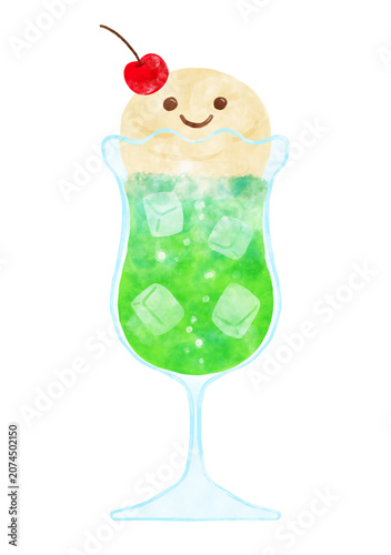 水彩風 にっこり顔のクリームソーダのイラスト / Watercolor Cute Smiling Cream Soda