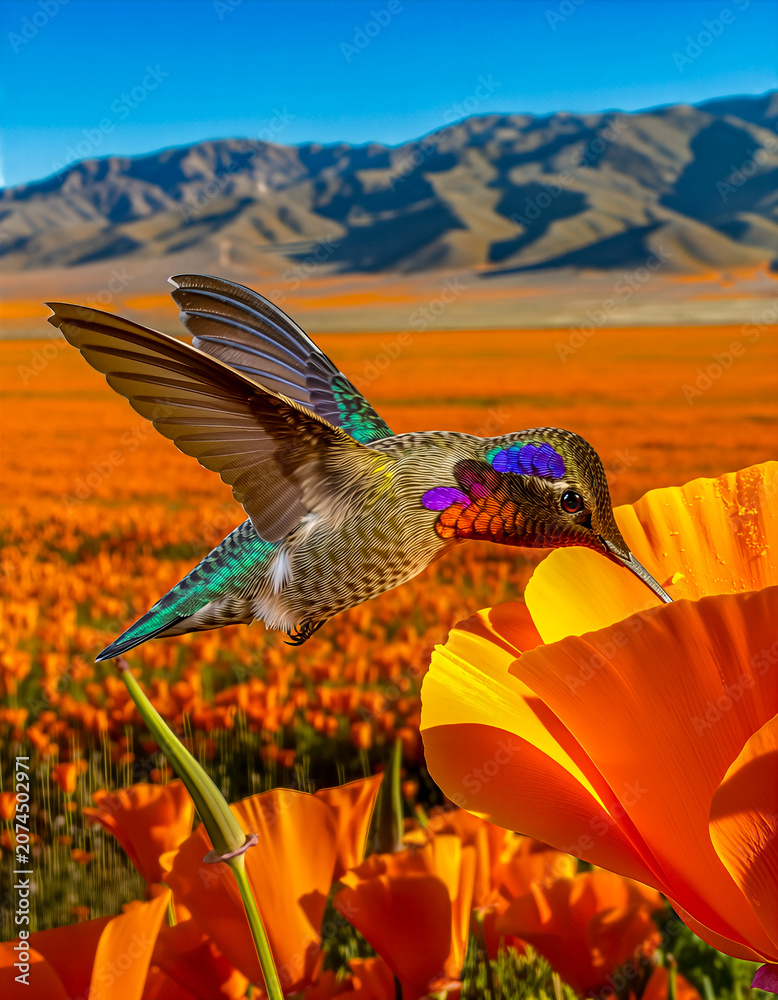 Obraz premium California poppy fields in full bloom with a hummingbird feeding from a vibrant orange flower, capturing the beauty of native wildlife and spring landscapes.