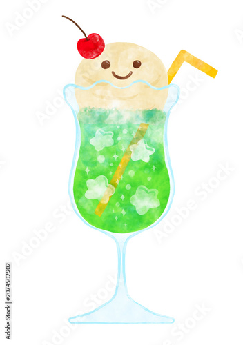 水彩風 にっこり顔のクリームソーダ ストロー付き 星型氷入り イラスト / Watercolor Cute Smiling Cream Soda with Straw and Star Ice Cubes