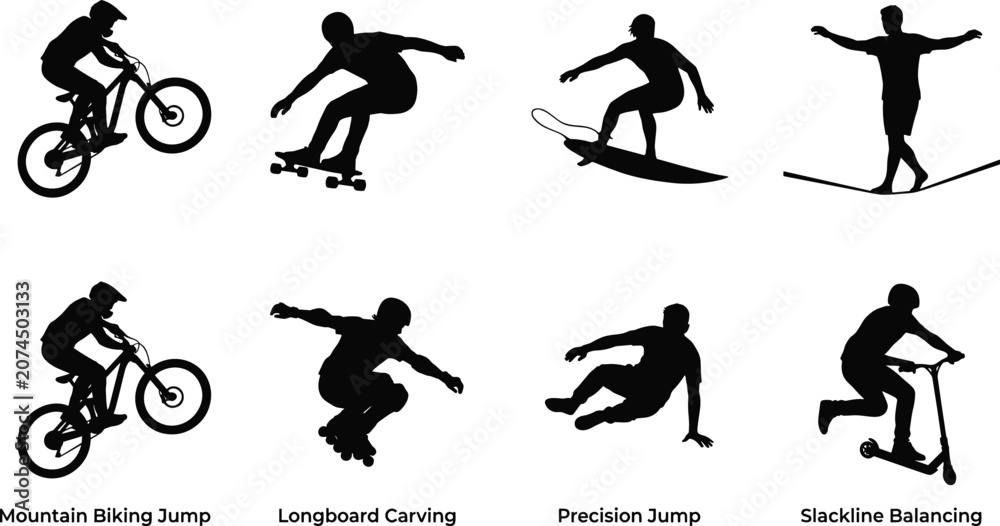 Obraz premium Extreme Sports Silhouette Collection with BMX Skateboard Surfing Slackline and Scooter Action Set