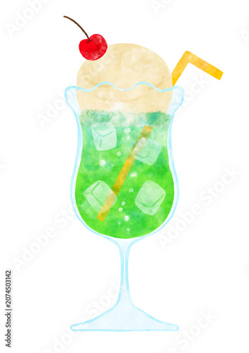 水彩風 ストロー付きクリームソーダ レトロ喫茶 イラスト / Watercolor Cream Soda with Straw Retro Cafe Illustration