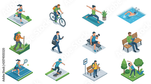 Dynamic Isometric Illustrations of Diverse Outdoor Activities and Fitness Routines in Bright Colors