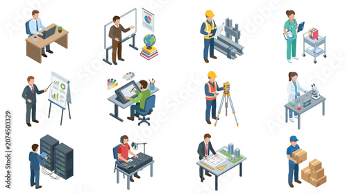 Dynamic Illustrated Icons Showcasing Diverse Professional Roles and Activities in Work Environments