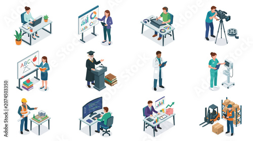 Clean Isometric Illustrations of Diverse Professional Careers and Work Environments Featuring 12 Unique Scenes