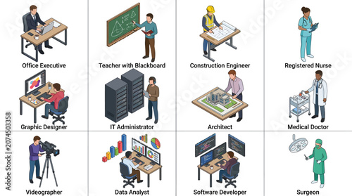 Corporate and Professional Icons Colorful Illustrations of Diverse Occupations with Key Tools and Work Environments