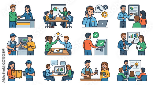Minimalist Illustrations of Diverse Workplace Collaboration and Customer Service Scenarios with Bright Colors and Simple Icons