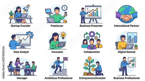 Dynamic Illustrations of Diverse Modern Professional Roles with Colorful Visual Elements and Symbolic Icons