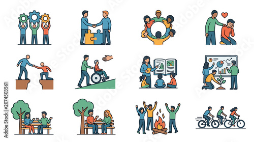 Dynamic Illustrations of Teamwork Inclusion Education and Community Activities with Diverse Characters