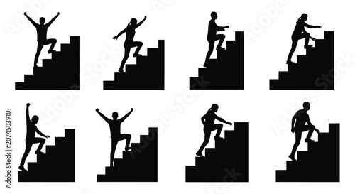 Photography Human silhouettes climbing stairs black shapes on white background