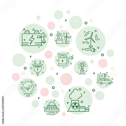 Renewable Energy Outline Icons Set with Clean Power, Electric Vehicle and Sustainable Electricity