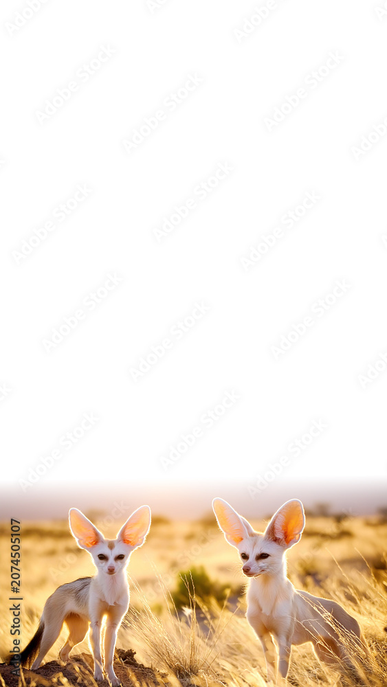 Obraz premium Zwei Fenneks in afrikanischer Savanne bei warmem Licht