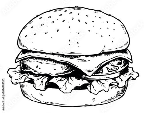 Burger with a patty, cheese, tomato, and a lettuce leaf. Round bun with sesame seeds. Outline drawing. Object isolated on a white background. Vector.