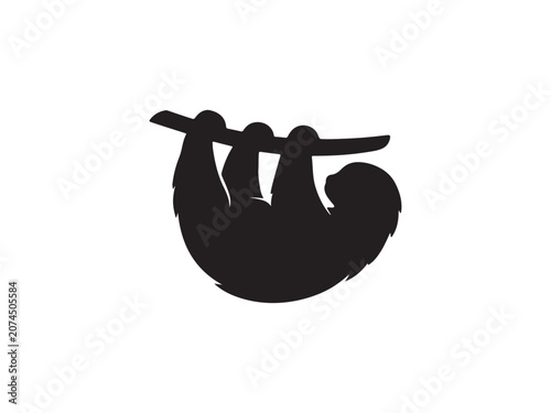 Black silhouette of a three-toed sloth hanging from a tree branch with silhouette