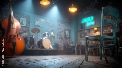 Cozy Underground Jazz Club Interior with Amber Lighting and Empty Chair