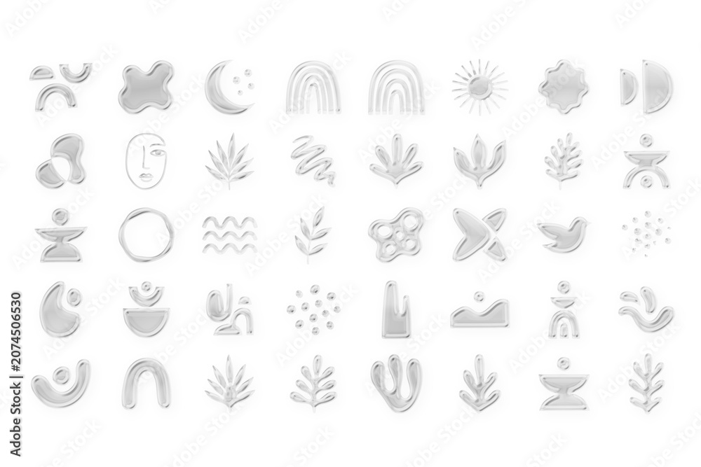 Obraz premium Modern glass morphism icon set with trendy abstract shapes. 3D metallic liquid elements, botanical leaves, celestial symbols and boho graphics for contemporary branding, web design