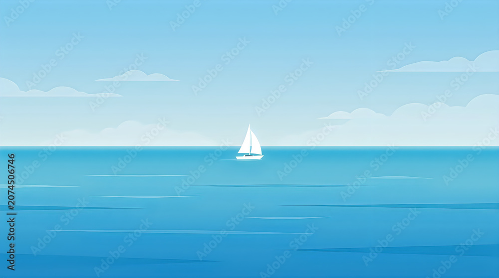 Naklejka premium Summer, Summer background, Serene ocean landscape, sailboat on calm waters, blue horizon, sunny day Hello summer, Summer banner, summer sale, summer promotion, seasonal background, Summer design