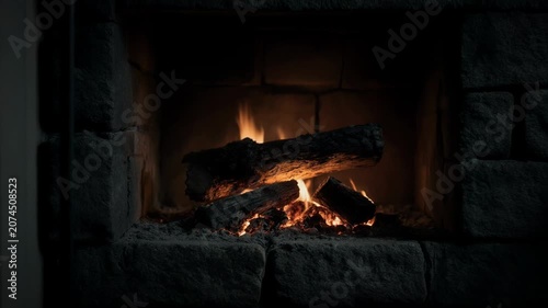 Flames dance around logs in a stone fireplace, creating a warm glow as embers flicker and smoke rises, enhancing the cozy atmosphere of the room