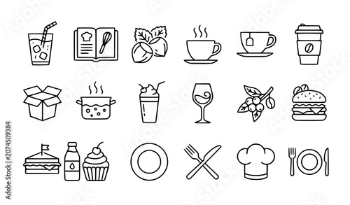 Φωτογραφία Food and drink line icon set with coffee burger tea and recipe symbols