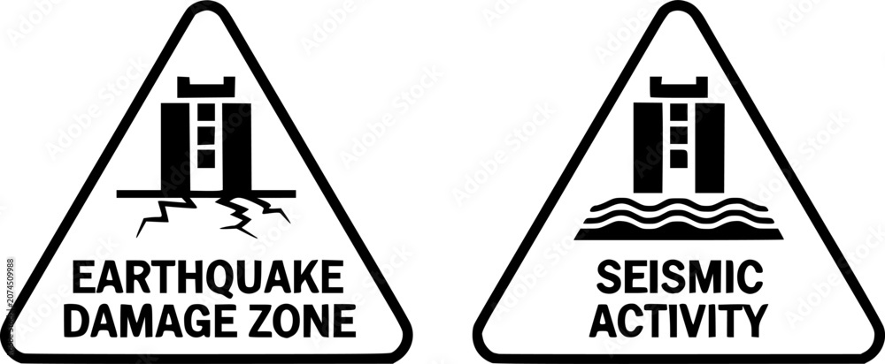 Fototapeta premium Earthquake damage zone and seismic activity warning sign set featuring black geometric icons inside triangular borders isolated on a white background.