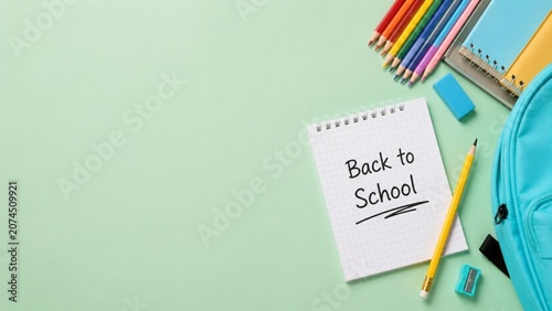 Back to School Classroom Supplies with Blackboard, Books, Alarm Clock, Apple, Colorful Stationery and Copy Space on Wooden Desk for Education Concept