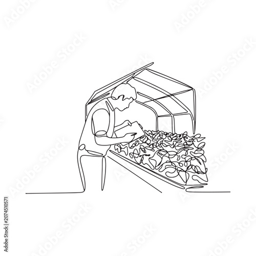 Gardener tending plants inside greenhouse continuous line drawing style