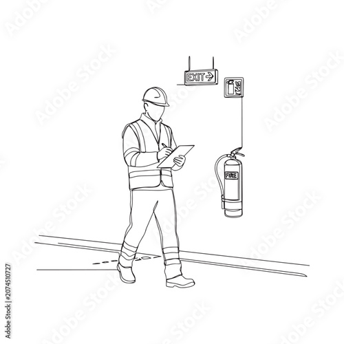 Construction Worker Inspection With Safety Signage Line Art Illustration