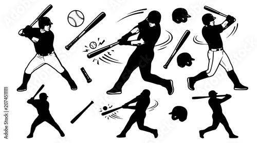Foto Baseball player swinging bat silhouette collection featuring athletes hitting ba