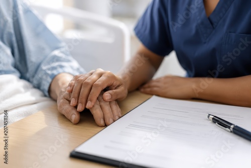 Patient and Nurse Hands Beside Blank Consent Form