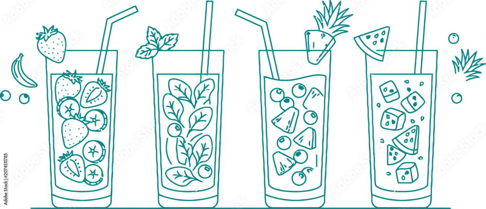 Fototapeta premium Set of fresh summer fruit cocktails and beverages in glasses with cocktail