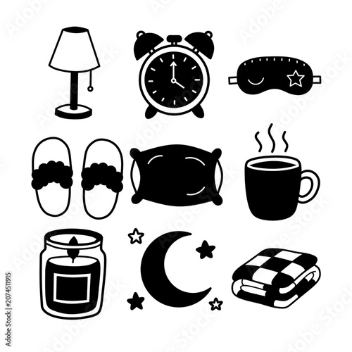 negative space Bedtime and Sleep Essentials illustration artistic white silhouettes within relaxation shapes minimalist vector design