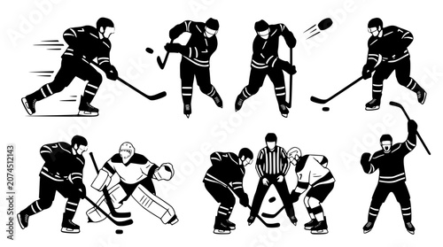 Photos Ice hockey players silhouette vector collection featuring skaters shooting puck